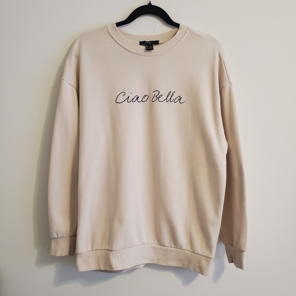 Forever 21 Ciao Bella Light Beige Embroidered Oversized Pullover Sweatshirt